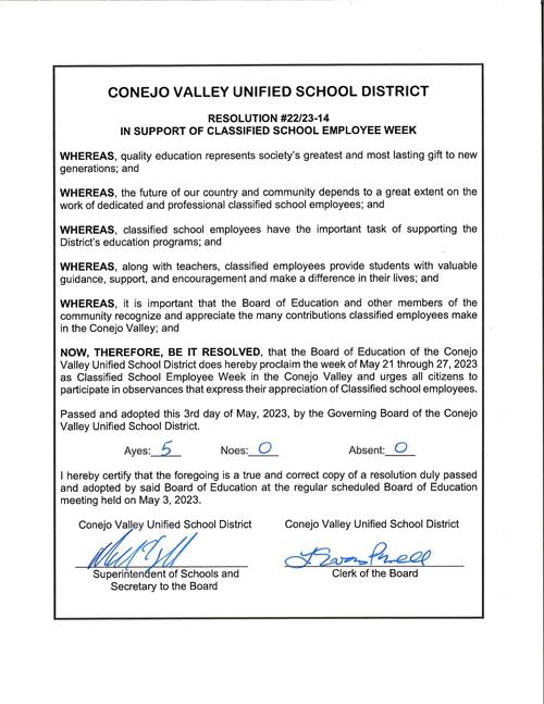 Resolution in Support of classified School Employee Week